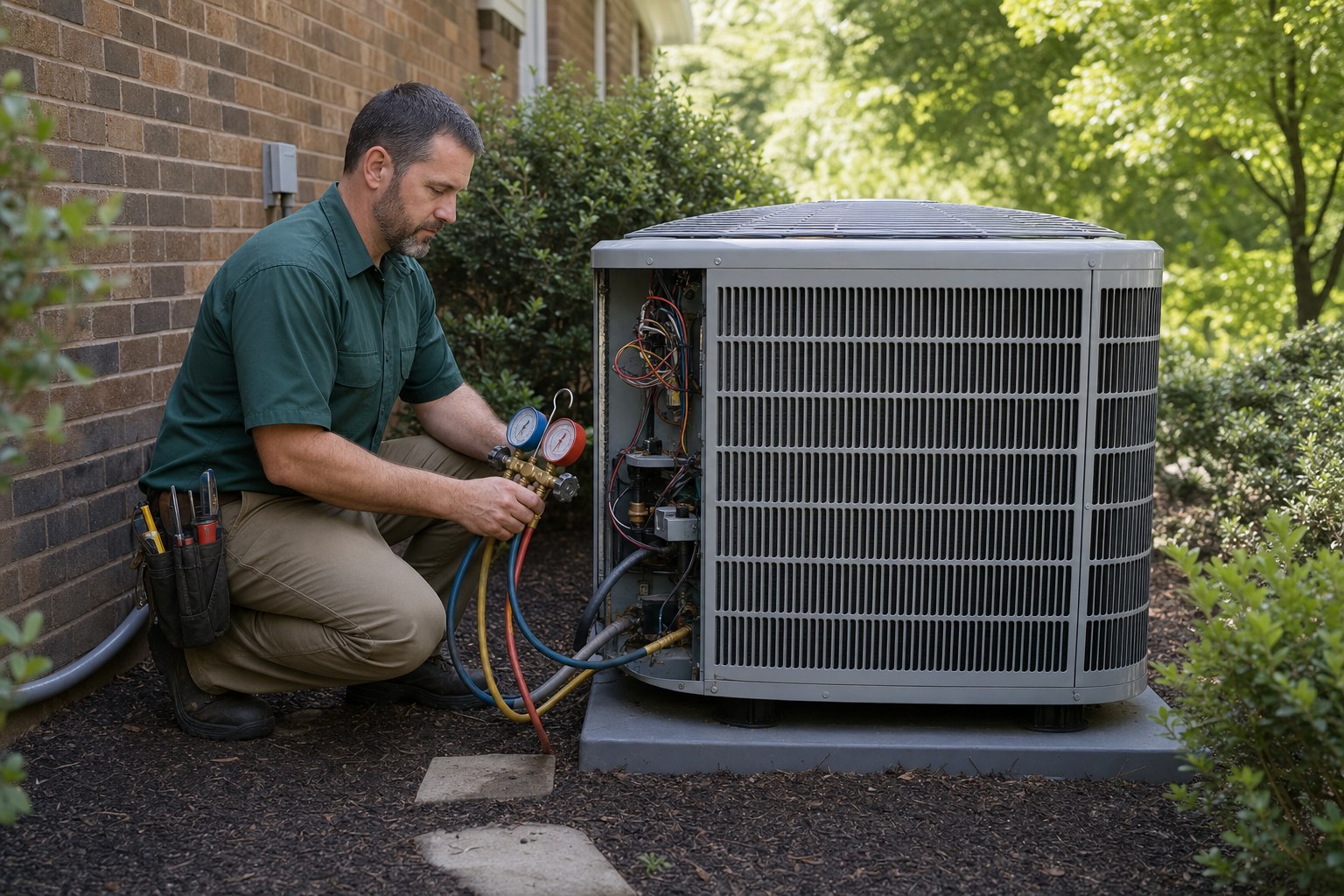 Illustrative technician servicing an outdoor central air conditioner