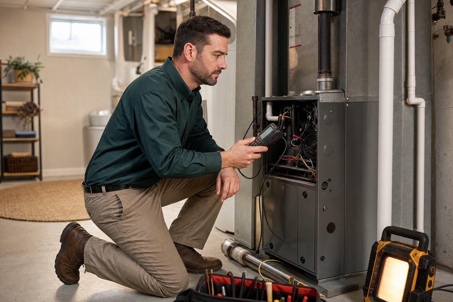 Illustrative technician diagnosing a home furnace
