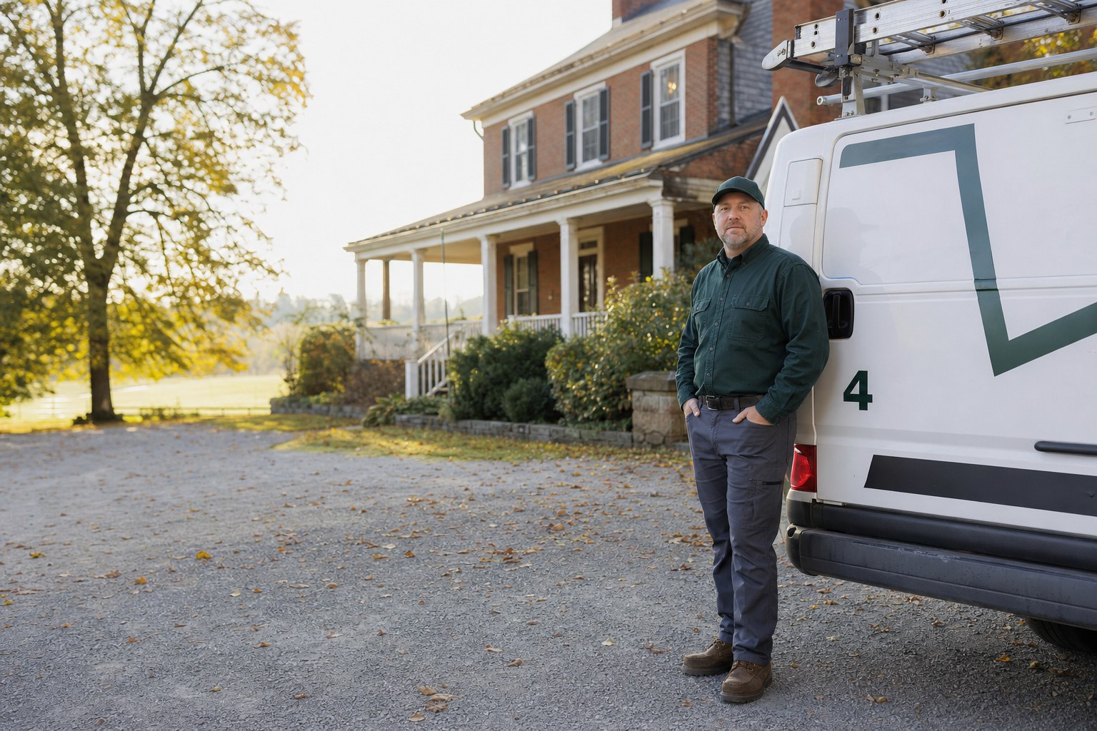 Illustrative HVAC technician beside a numbered white service truck at a Lancaster County home