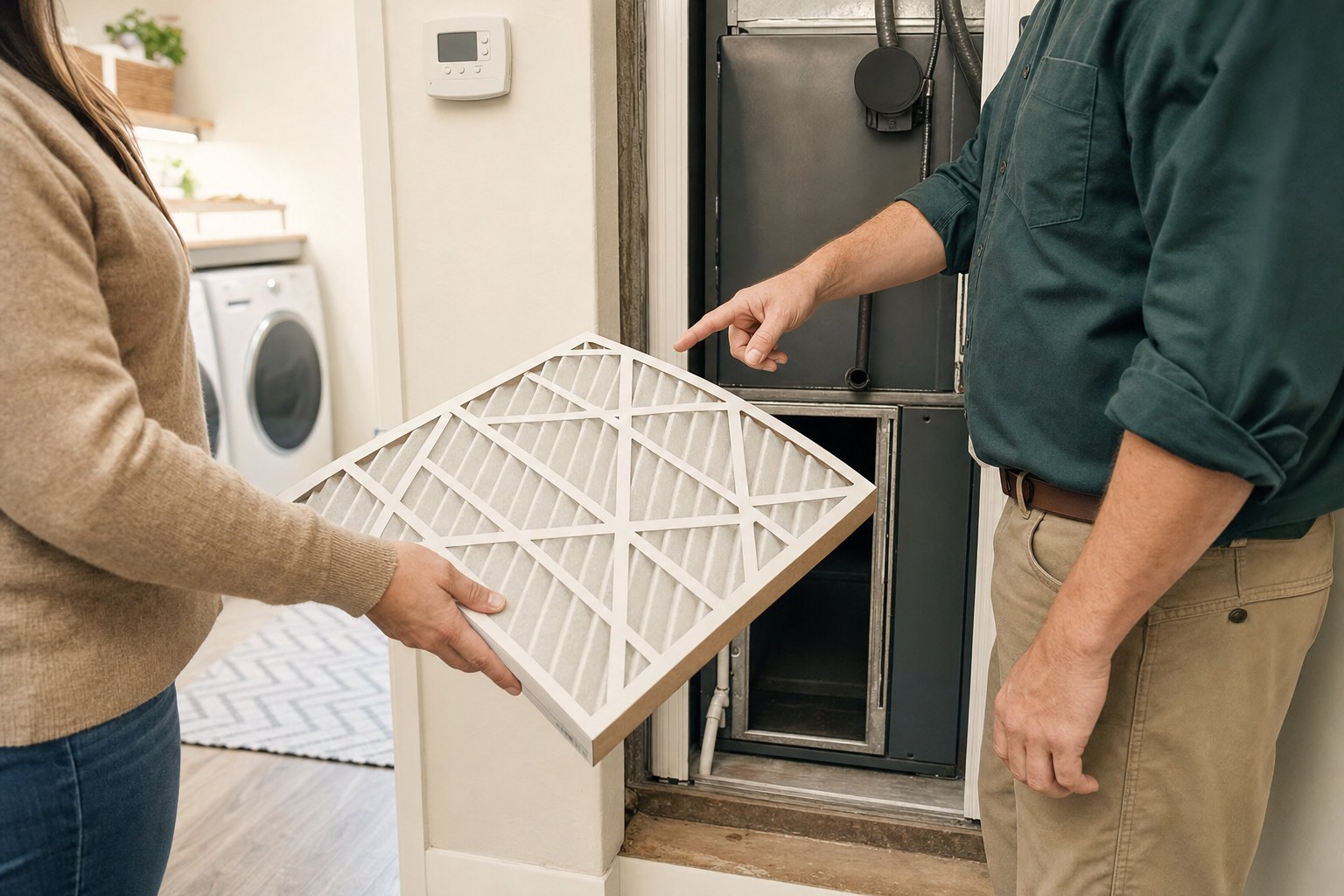 Homeowner holding a clean replacement air filter