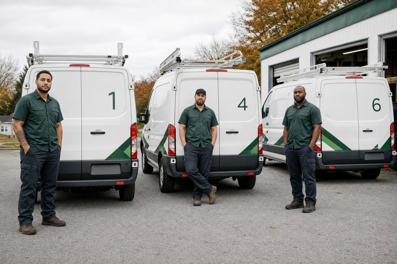 Aukamp technicians standing next to numbered white service trucks