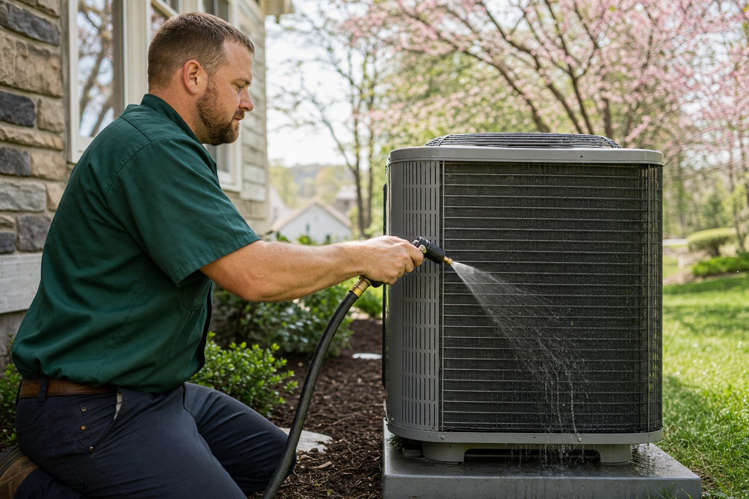 Technician rinsing the fins on an outdoor air conditioning unit in spring