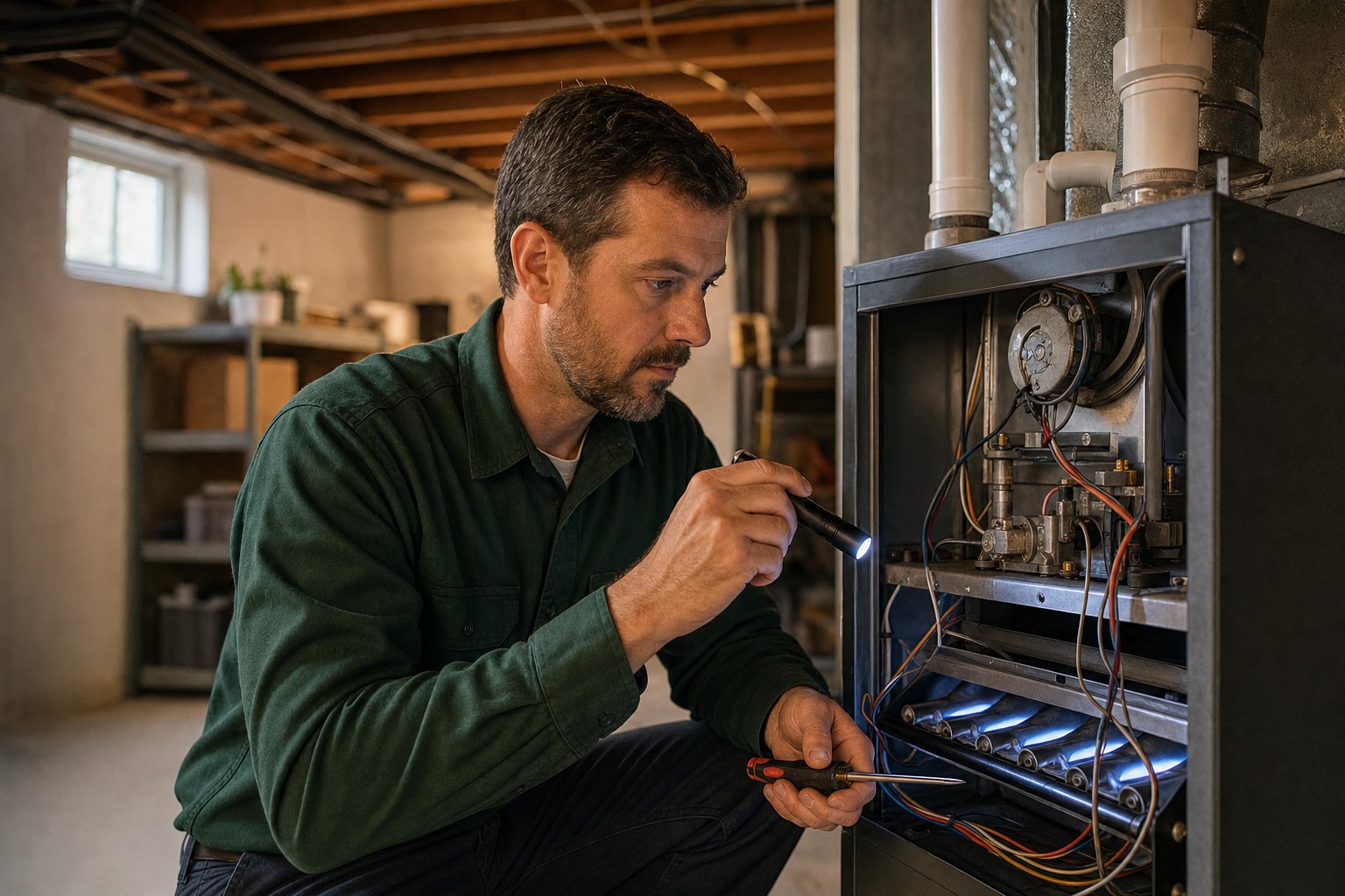 Technician performing a furnace tune-up in a residential basement