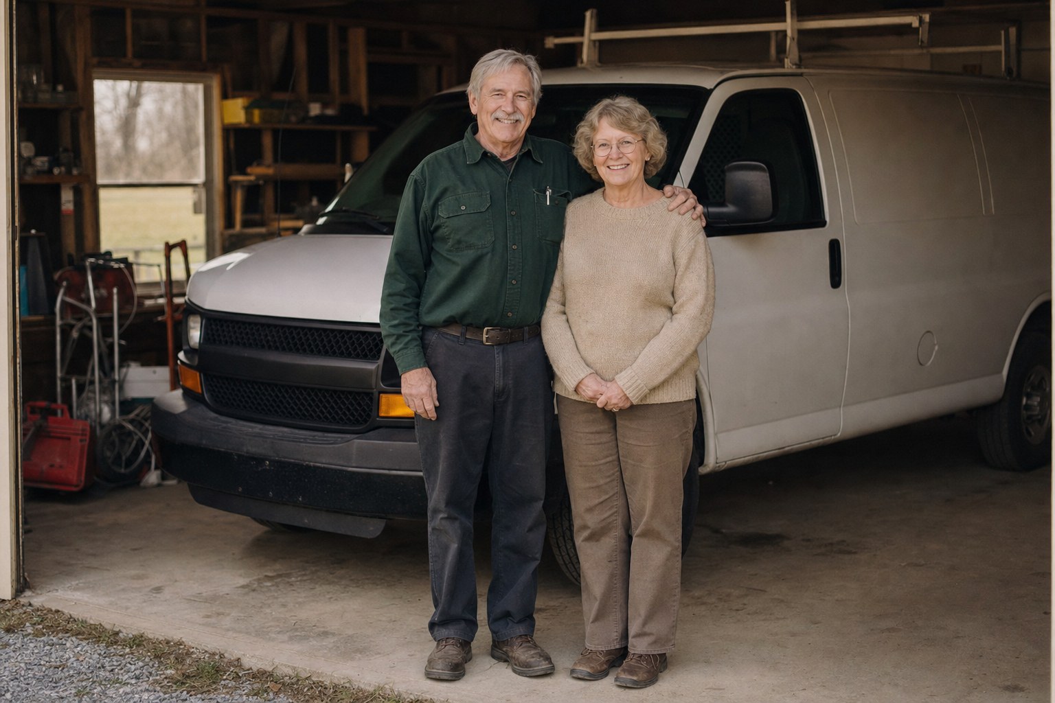 Ray and Linda Aukamp standing in front of a white work van in their home garage