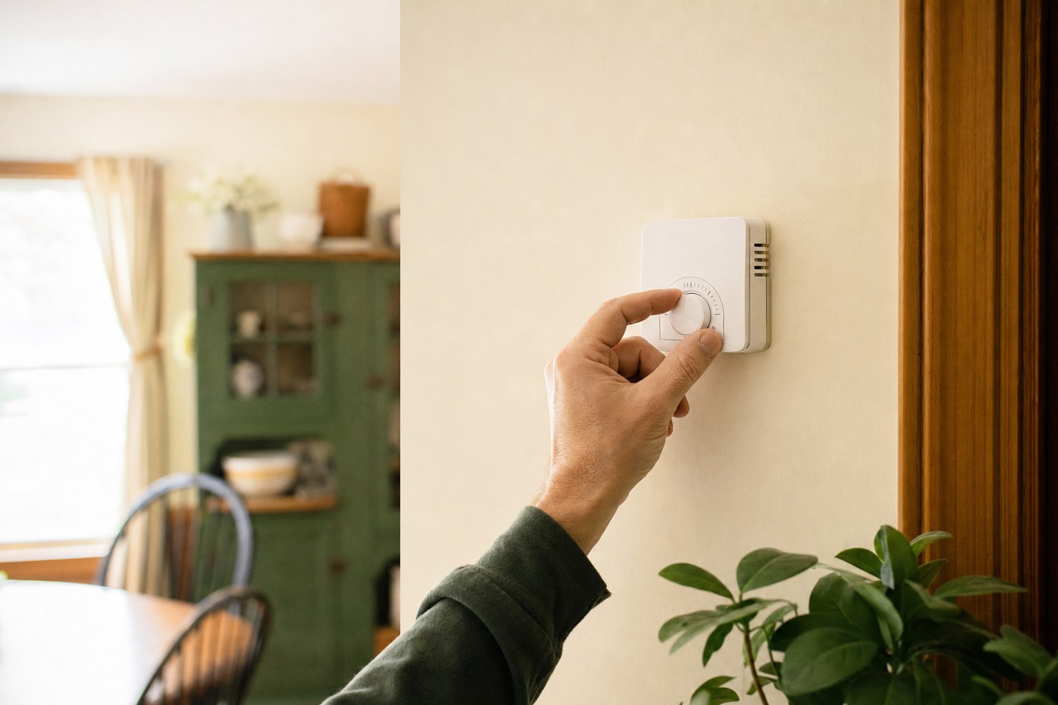 Homeowner checking a thermostat after replacing a furnace filter